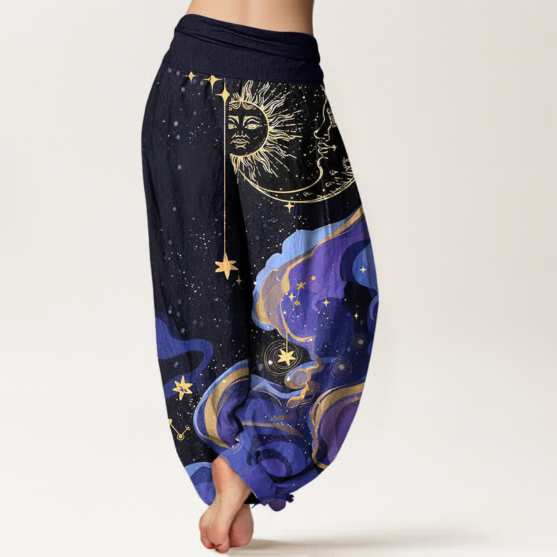 Buddha Stones Pantaloni harem da donna in cotone con elastico in vita e fantasia a onde con sole, luna e stelle. - image 1