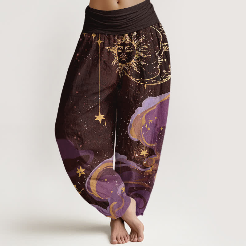 Buddha Stones Pantaloni harem da donna in cotone con elastico in vita e fantasia a onde con sole, luna e stelle. - Marrone sella - US16, UK/AU20, EU48 (3XL) - image 5