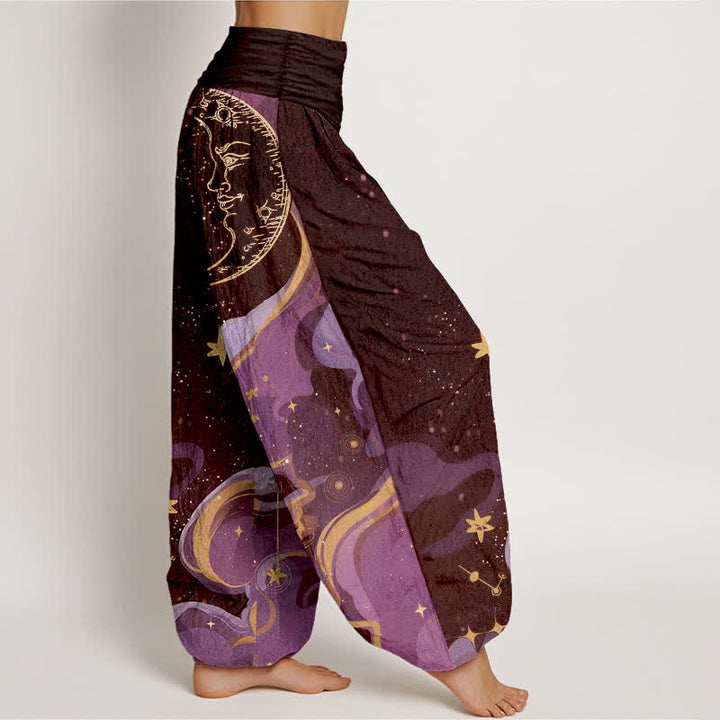 Buddha Stones Pantaloni harem da donna in cotone con elastico in vita e fantasia a onde con sole, luna e stelle. - image 7