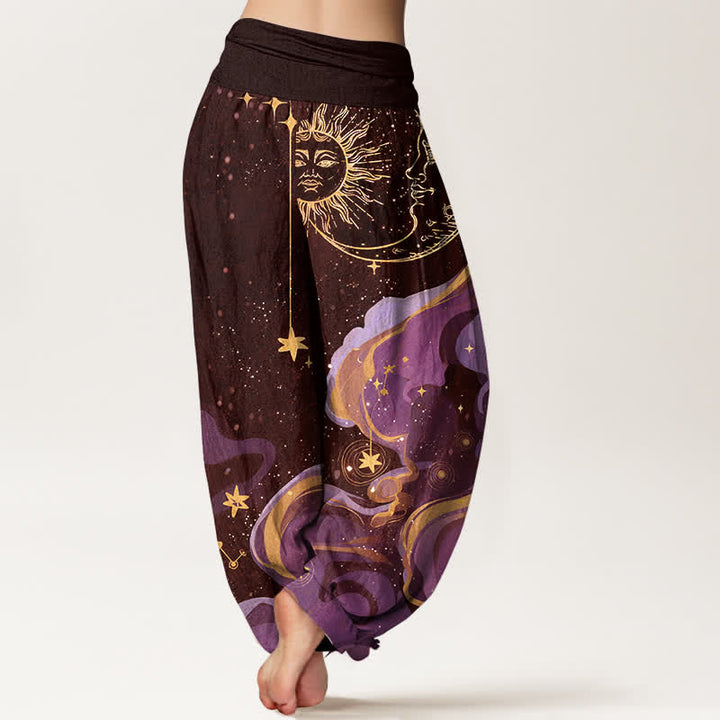 Buddha Stones Pantaloni harem da donna in cotone con elastico in vita e fantasia a onde con sole, luna e stelle. - image 6