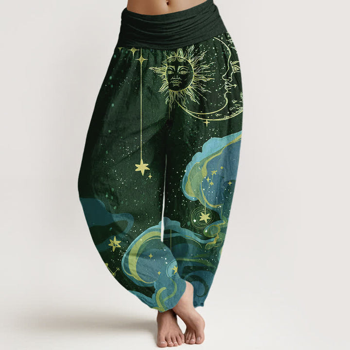 Buddha Stones Pantaloni harem da donna in cotone con elastico in vita e fantasia a onde con sole, luna e stelle. - Verde scuro - US16, UK/AU20, EU48 (3XL) - image 8
