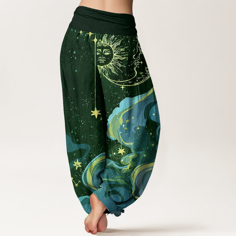Buddha Stones Pantaloni harem da donna in cotone con elastico in vita e fantasia a onde con sole, luna e stelle. - image 9