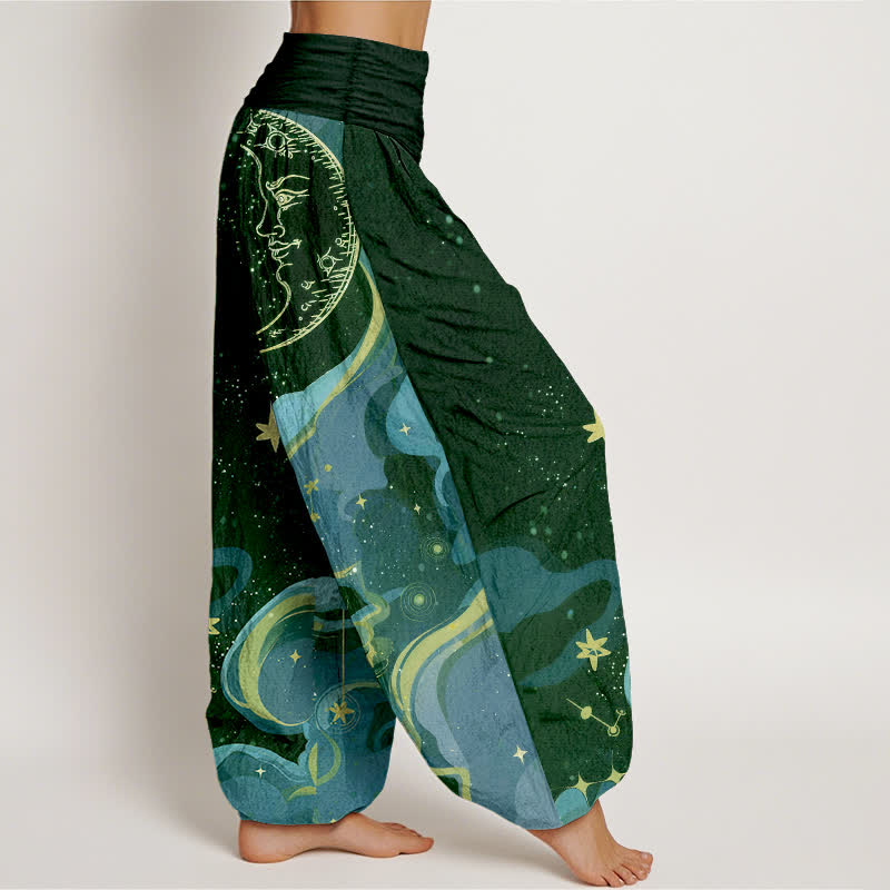 Buddha Stones Pantaloni harem da donna in cotone con elastico in vita e fantasia a onde con sole, luna e stelle. - image 10