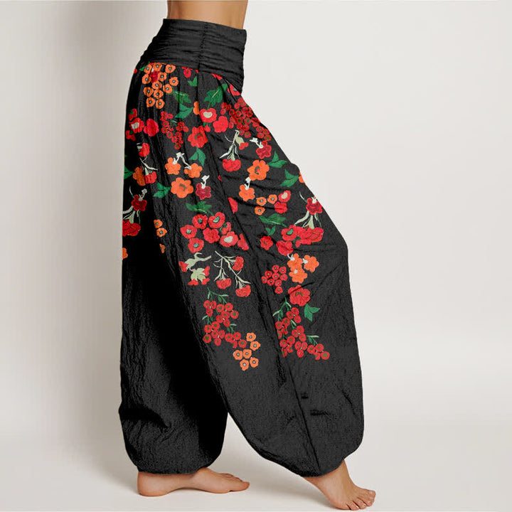 Buddha Stones Pantaloni harem da donna in cotone stile bohémien con fantasia floreale rossa e vita elasticizzata. - image 2