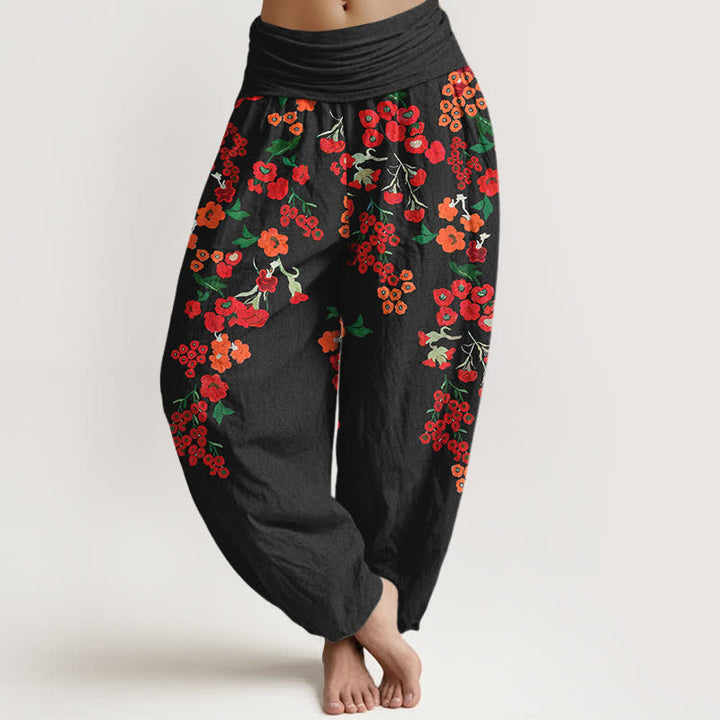 Buddha Stones Pantaloni harem da donna in cotone stile bohémien con fantasia floreale rossa e vita elasticizzata. - Nero - US16, UK/AU20, EU48 (3XL) - image 0