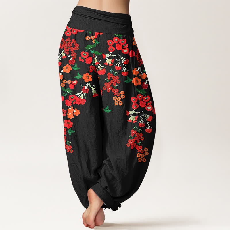 Buddha Stones Pantaloni harem da donna in cotone stile bohémien con fantasia floreale rossa e vita elasticizzata. - image 1