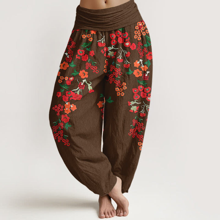 Buddha Stones Pantaloni harem da donna in cotone stile bohémien con fantasia floreale rossa e vita elasticizzata. - Marrone sella - US16, UK/AU20, EU48 (3XL) - image 5