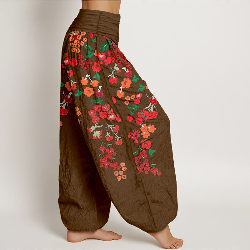 Buddha Stones Pantaloni harem da donna in cotone stile bohémien con fantasia floreale rossa e vita elasticizzata. - image 7