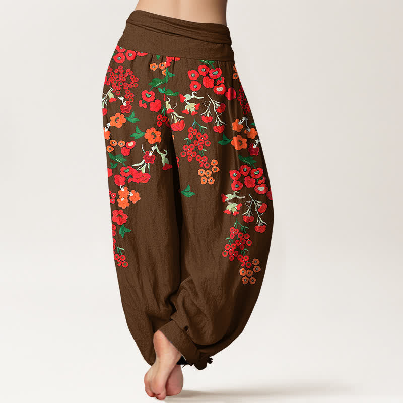 Buddha Stones Pantaloni harem da donna in cotone stile bohémien con fantasia floreale rossa e vita elasticizzata. - image 6