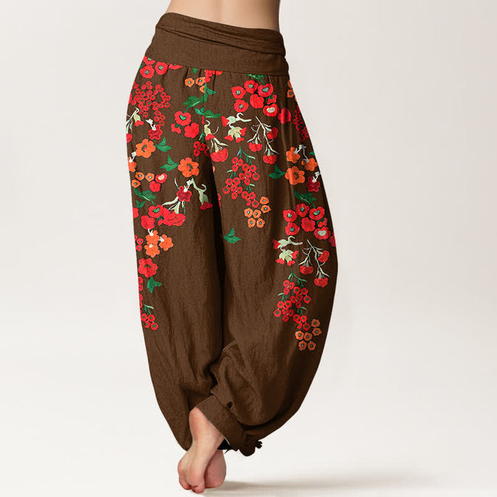 Buddha Stones Pantaloni harem da donna in cotone stile bohémien con fantasia floreale rossa e vita elasticizzata. - image 6