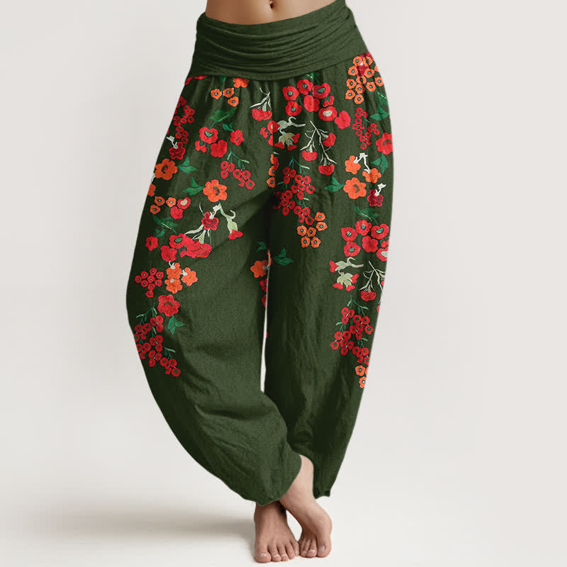 Buddha Stones Pantaloni harem da donna in cotone stile bohémien con fantasia floreale rossa e vita elasticizzata. - Verde studentesco - US16, UK/AU20, EU48 (3XL) - image 8
