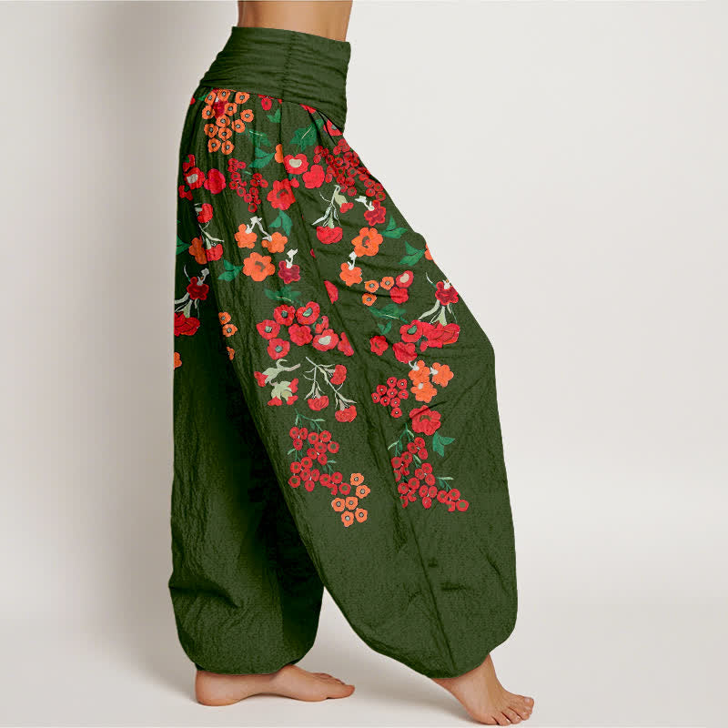 Buddha Stones Pantaloni harem da donna in cotone stile bohémien con fantasia floreale rossa e vita elasticizzata. - image 10