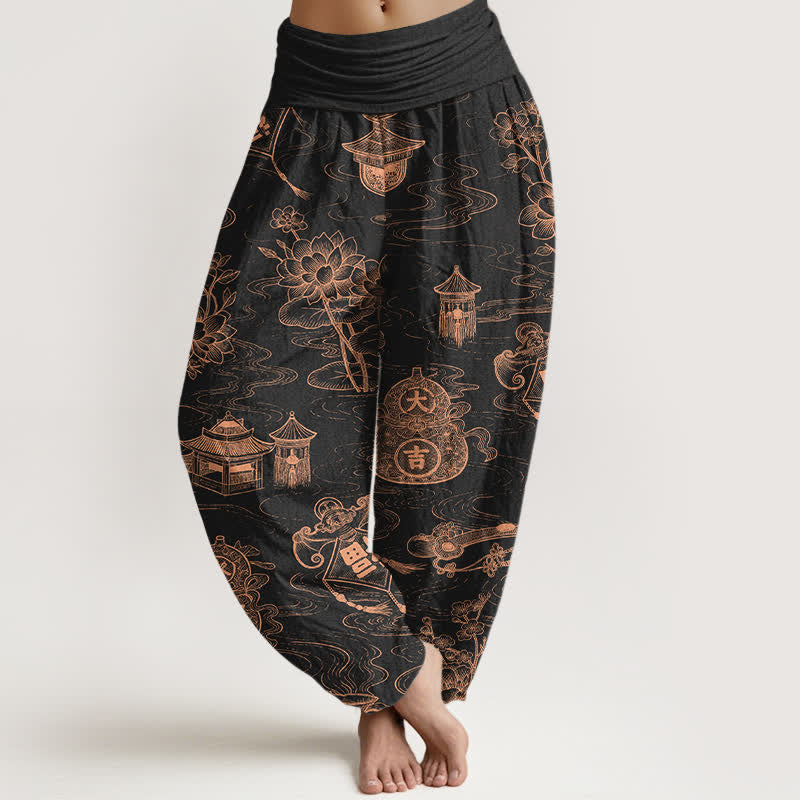 Buddha Stones Pantaloni harem da donna in cotone con motivo a loto e zucca, con elastico in vita. - Nero - US16, UK/AU20, EU48 (3XL) - image 0