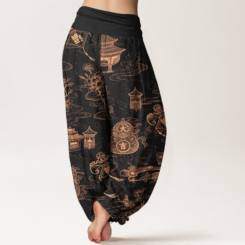Buddha Stones Pantaloni harem da donna in cotone con motivo a loto e zucca, con elastico in vita. - image 1