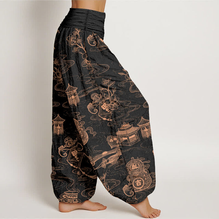 Buddha Stones Pantaloni harem da donna in cotone con motivo a loto e zucca, con elastico in vita. - image 2