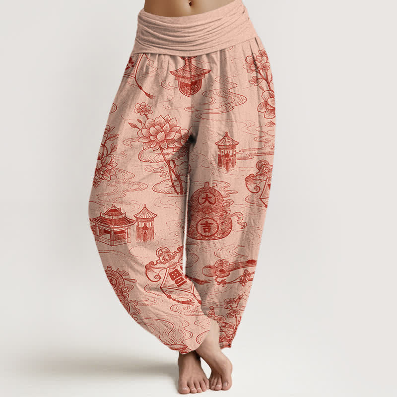 Buddha Stones Pantaloni harem da donna in cotone con motivo a loto e zucca, con elastico in vita. - PeachPuff - US16, UK/AU20, EU48 (3XL) - image 5
