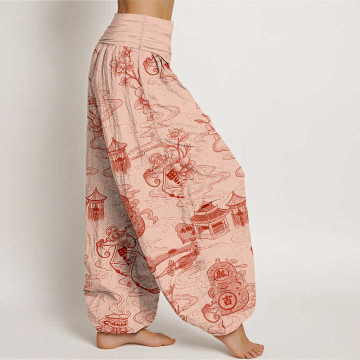 Buddha Stones Pantaloni harem da donna in cotone con motivo a loto e zucca, con elastico in vita. - image 7