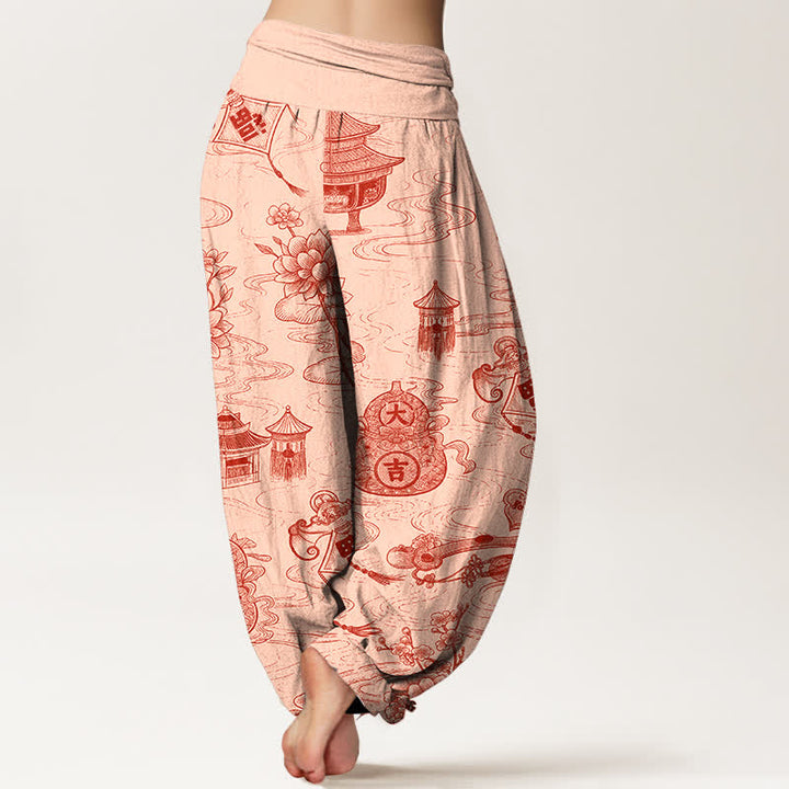 Buddha Stones Pantaloni harem da donna in cotone con motivo a loto e zucca, con elastico in vita. - image 6