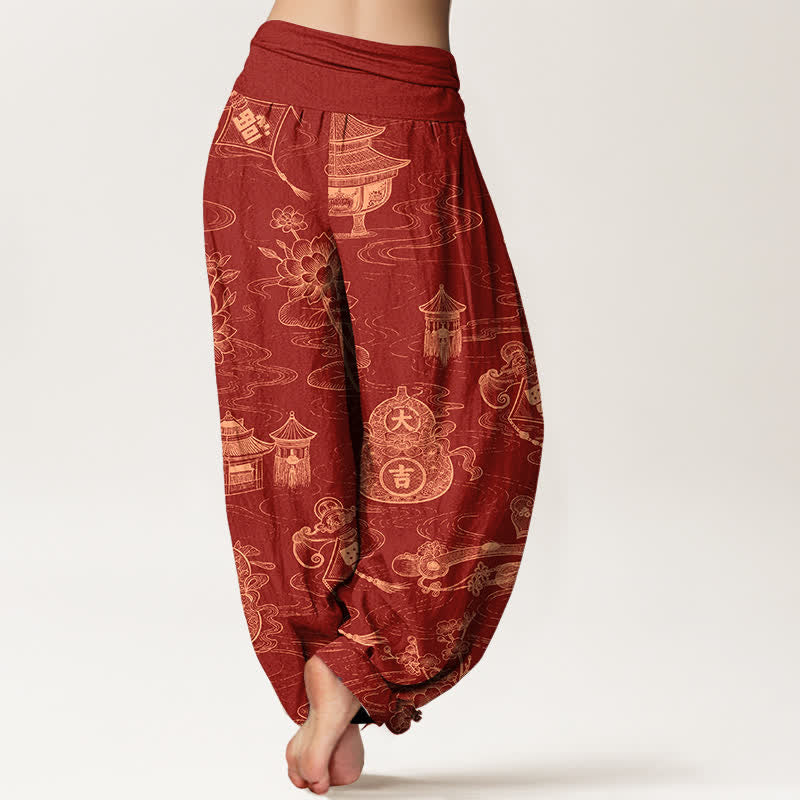 Buddha Stones Pantaloni harem da donna in cotone con motivo a loto e zucca, con elastico in vita. - image 9