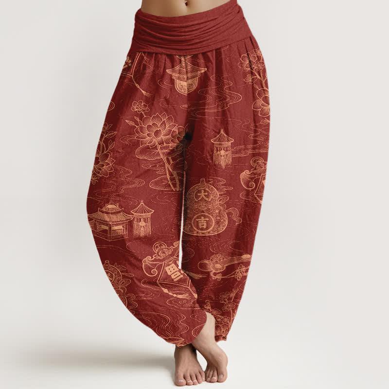 Buddha Stones Pantaloni harem da donna in cotone con motivo a loto e zucca, con elastico in vita. - FireBrick - US16, UK/AU20, EU48 (3XL) - image 8