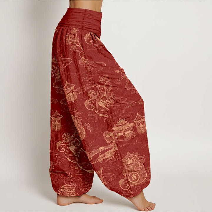 Buddha Stones Pantaloni harem da donna in cotone con motivo a loto e zucca, con elastico in vita. - image 10