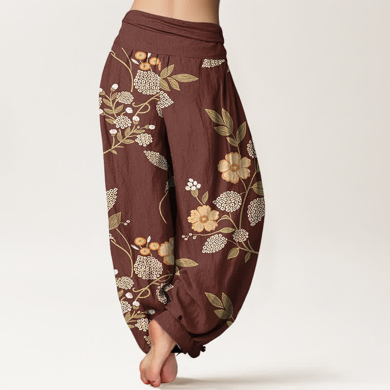 Buddha Stones Pantaloni harem da donna in puro cotone con fantasia floreale vintage e elastico in vita. - image 1