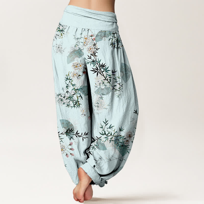Buddha Stones Pantaloni harem da donna in cotone con motivo a ventaglio di fiori di bambù e elastico in vita. - image 1