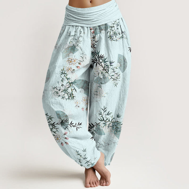 Buddha Stones Pantaloni harem da donna in cotone con motivo a ventaglio di fiori di bambù e elastico in vita. - Turchese pallido - US16, UK/AU20, EU48 (3XL) - image 0