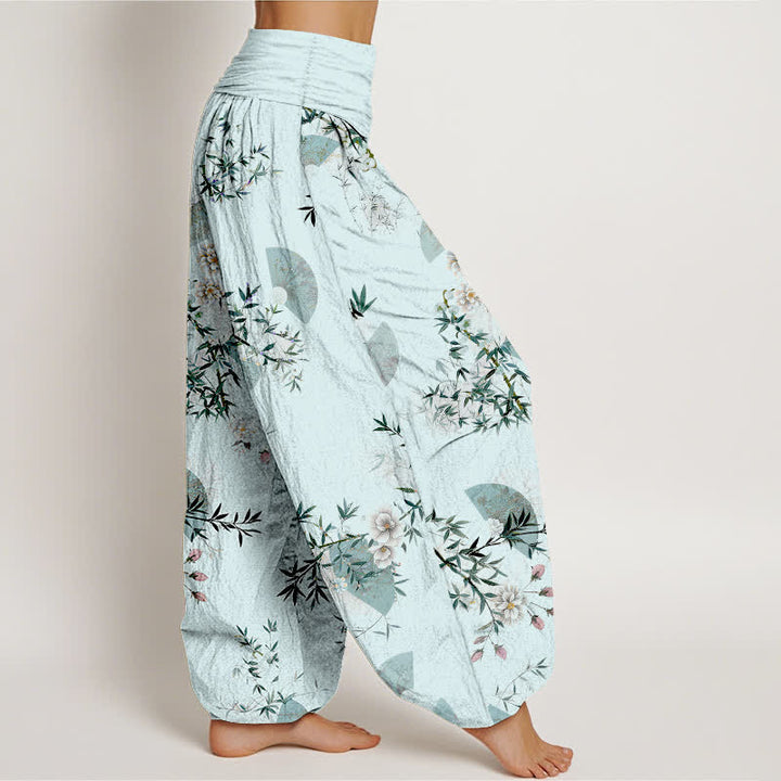 Buddha Stones Pantaloni harem da donna in cotone con motivo a ventaglio di fiori di bambù e elastico in vita. - image 2