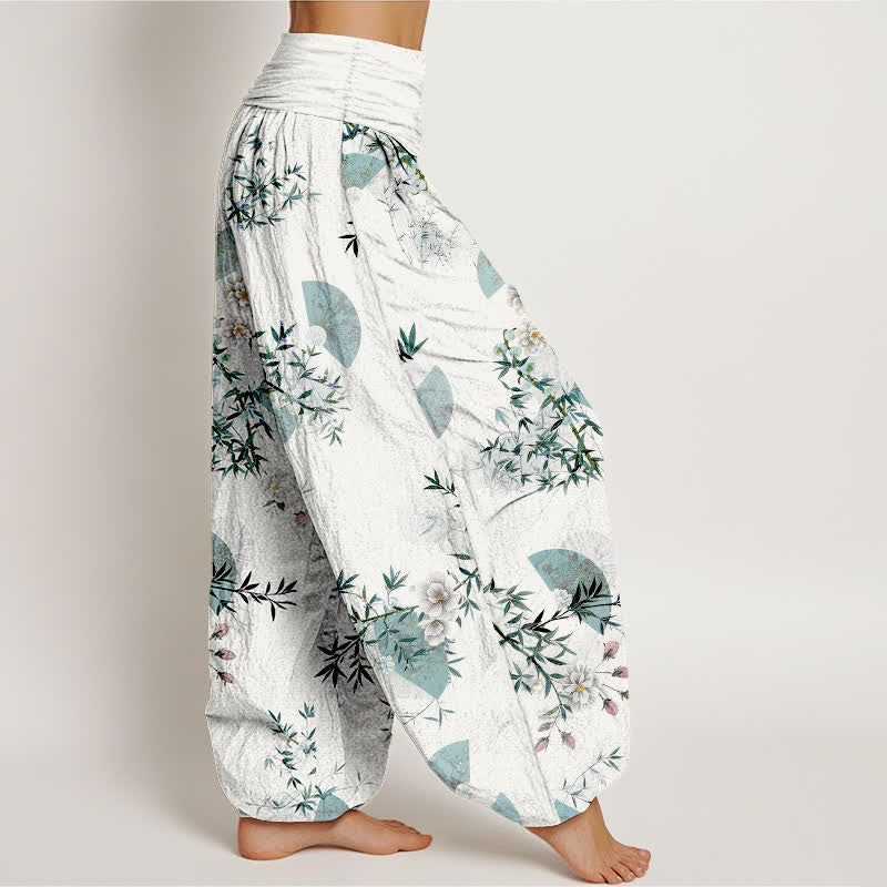 Buddha Stones Pantaloni harem da donna in cotone con motivo a ventaglio di fiori di bambù e elastico in vita. - image 7
