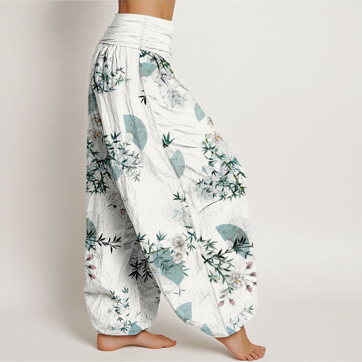 Buddha Stones Pantaloni harem da donna in cotone con motivo a ventaglio di fiori di bambù e elastico in vita. - image 7