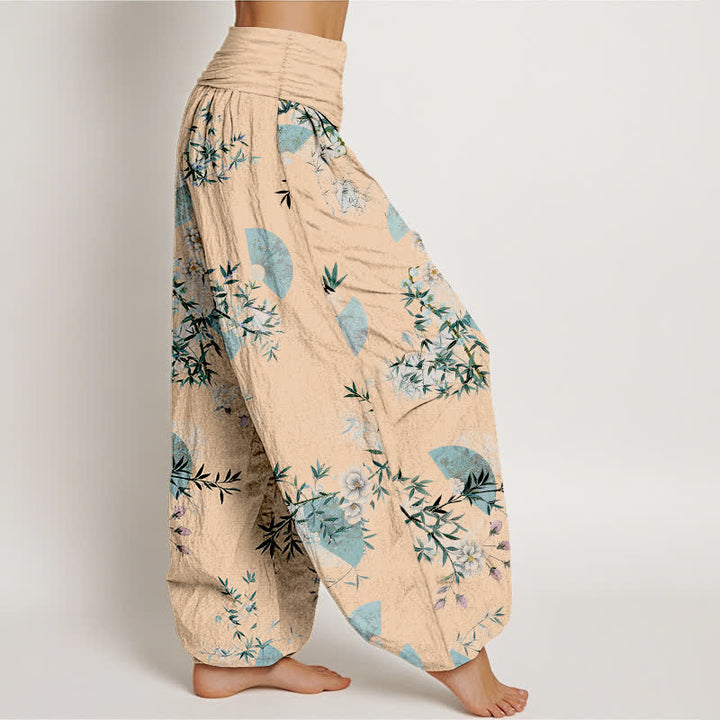 Buddha Stones Pantaloni harem da donna in cotone con motivo a ventaglio di fiori di bambù e elastico in vita. - image 10