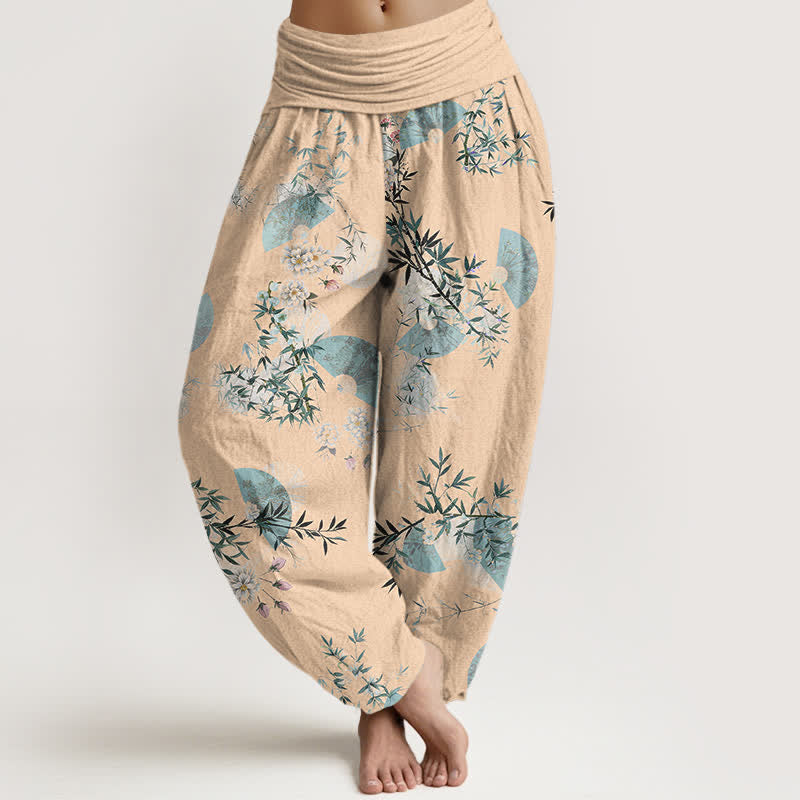 Buddha Stones Pantaloni harem da donna in cotone con motivo a ventaglio di fiori di bambù e elastico in vita. - PeachPuff - US16, UK/AU20, EU48 (3XL) - image 8