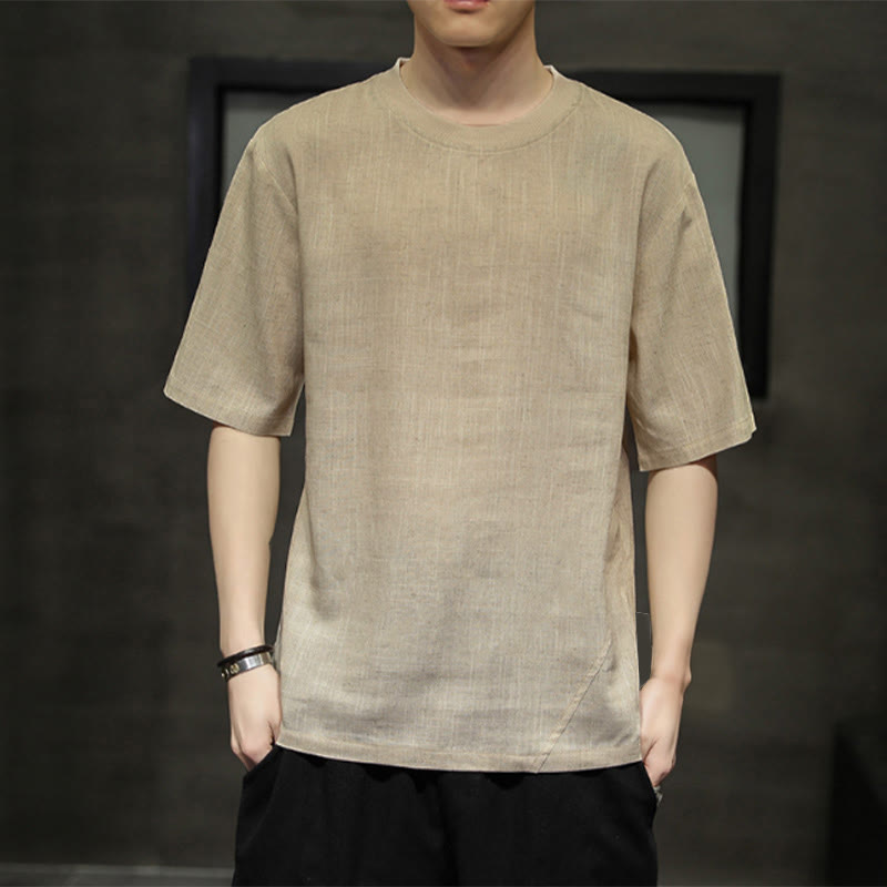 Buddha Stones T-shirt da uomo a maniche corte, girocollo, tinta unita, stile casual estivo e minimalista, in lino, per l'estate. - Tan - US/UK/AU46, EU56 (5XL) - image 0
