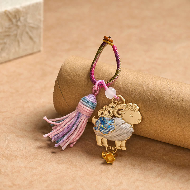 Buddha Stones Portachiavi con nappa portafortuna dello zodiaco cinese, realizzato a mano in broccato Song. - image 3