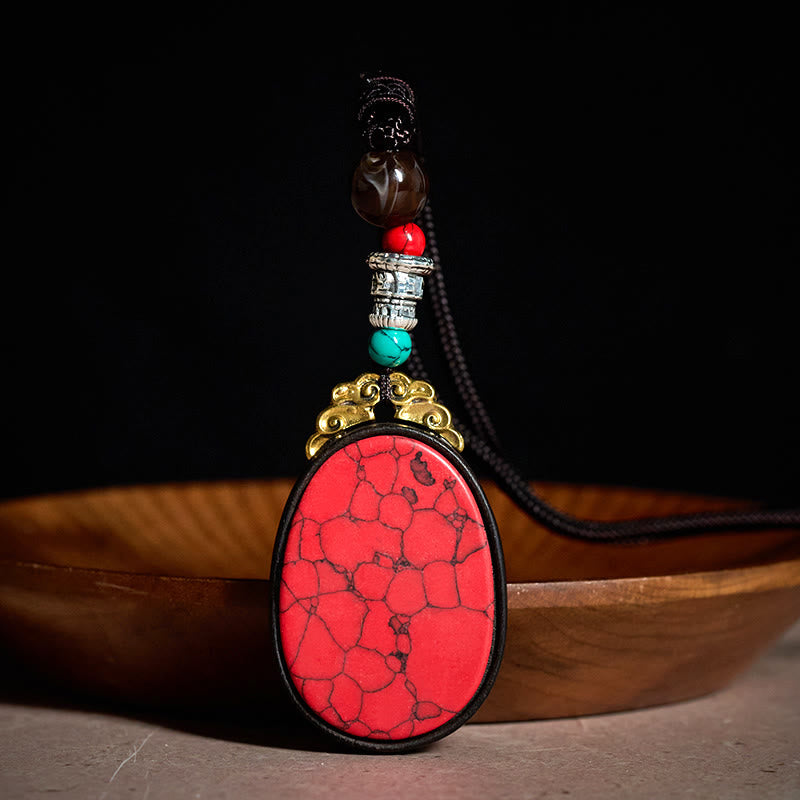 Buddha Stones Collana ovale tribale fatta a mano in legno di ebano con scritta "Saggezza" - Rosso - Legno d'ebano (Equilibrio♥Calma) - image 1
