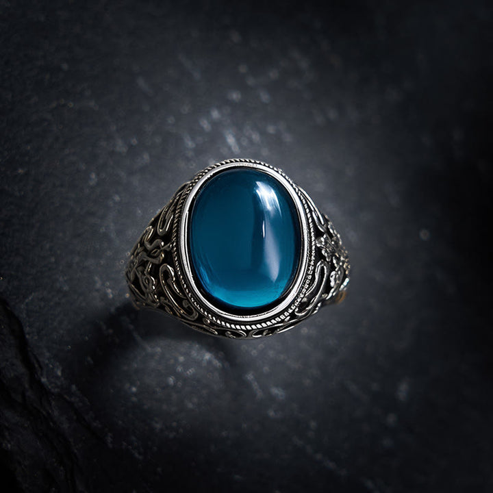 Buddha Stones Anello regolabile in rame e calcedonio blu con scritta "Optimism". - image 3