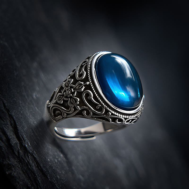 Buddha Stones Anello regolabile in rame e calcedonio blu con scritta "Optimism". - image 1