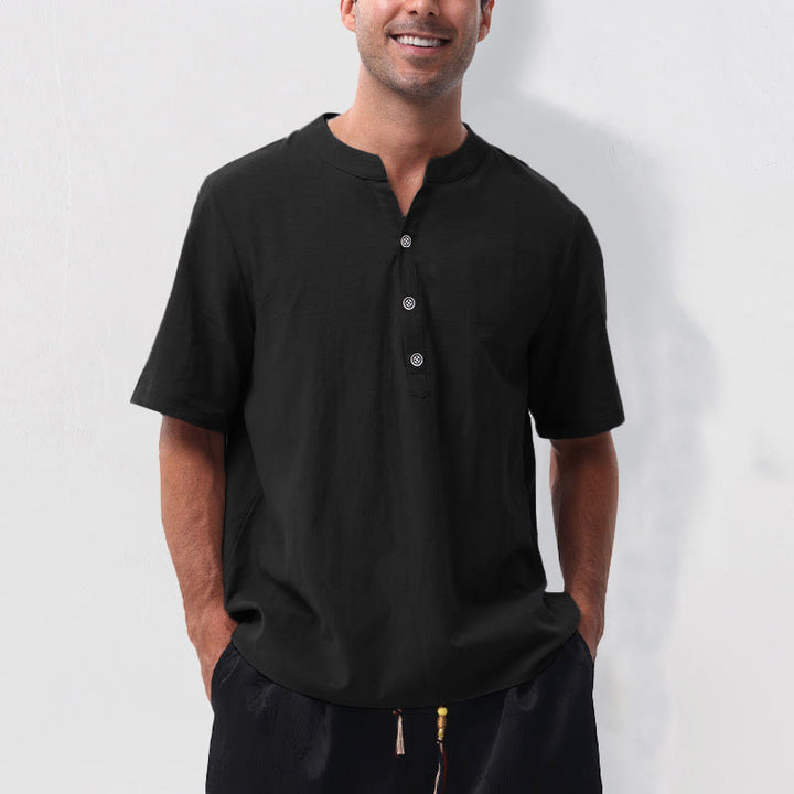 Buddha Stones Camicia da uomo estiva casual a maniche corte con colletto alla coreana e mezze bottoni, in cotone e lino. - Nero - US/UK/AU50, EU60 (5XL) - image 12
