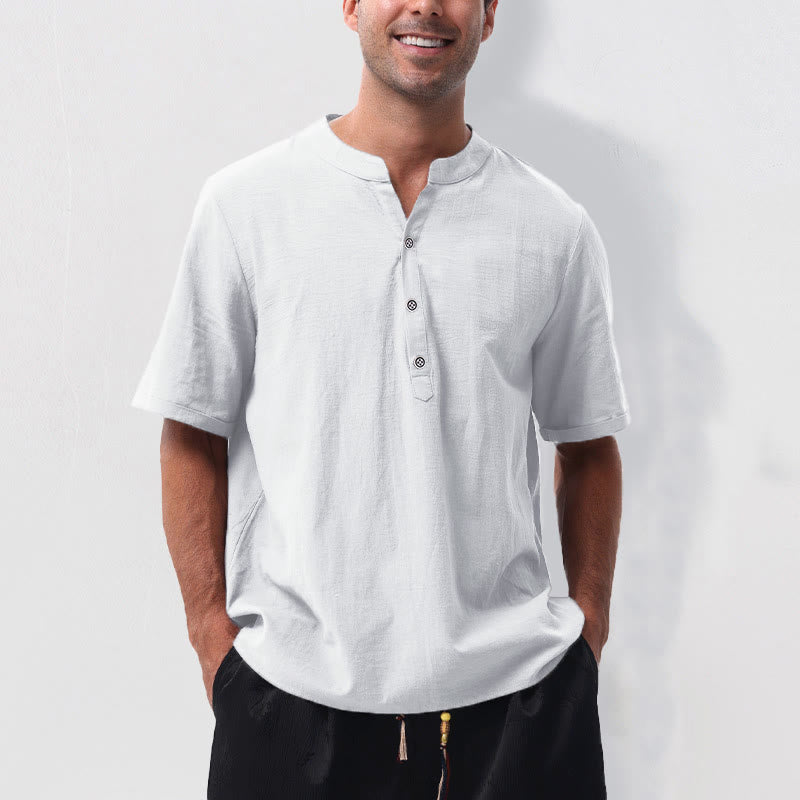 Buddha Stones Camicia da uomo estiva casual a maniche corte con colletto alla coreana e mezze bottoni, in cotone e lino. - Bianco - US/UK/AU50, EU60 (5XL) - image 20