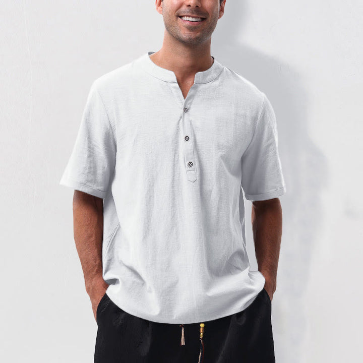 Buddha Stones Camicia da uomo estiva casual a maniche corte con colletto alla coreana e mezze bottoni, in cotone e lino. - Bianco - US/UK/AU50, EU60 (5XL) - image 20