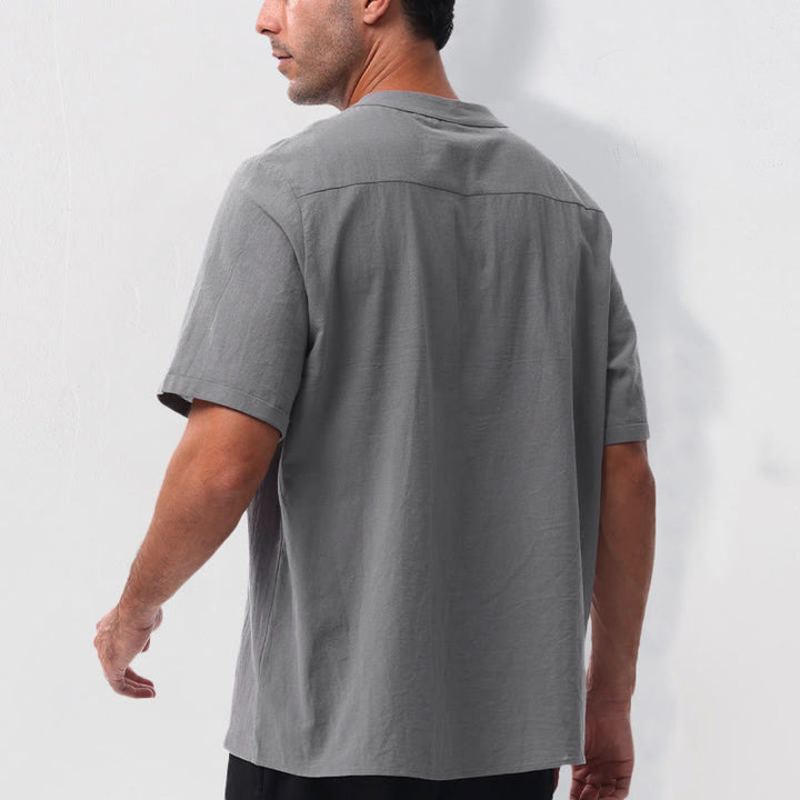 Buddha Stones Camicia da uomo estiva casual a maniche corte con colletto alla coreana e mezze bottoni, in cotone e lino. - image 3