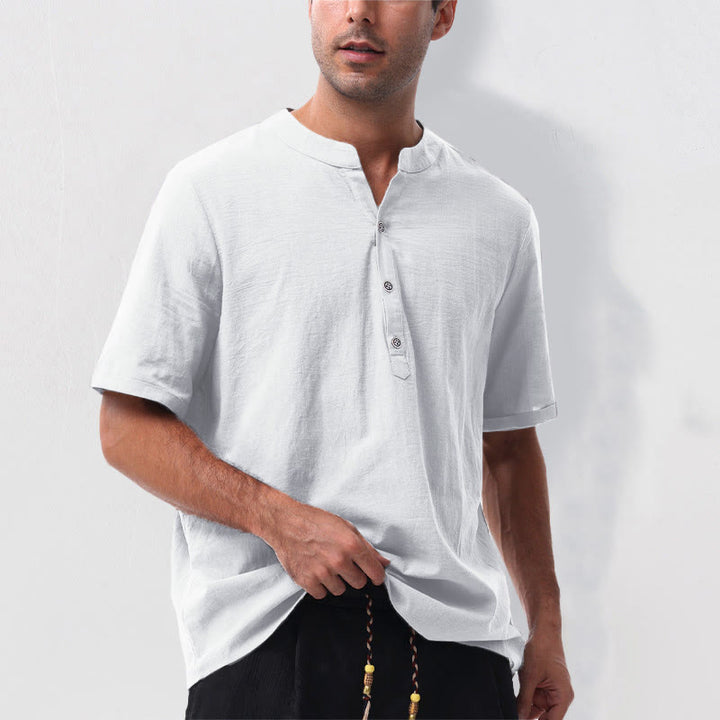 Buddha Stones Camicia da uomo estiva casual a maniche corte con colletto alla coreana e mezze bottoni, in cotone e lino. - image 21