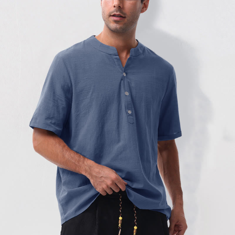 Buddha Stones Camicia da uomo estiva casual a maniche corte con colletto alla coreana e mezze bottoni, in cotone e lino. - image 17