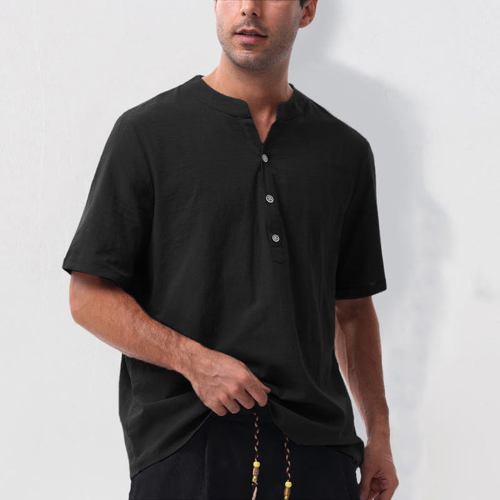 Buddha Stones Camicia da uomo estiva casual a maniche corte con colletto alla coreana e mezze bottoni, in cotone e lino. - image 13