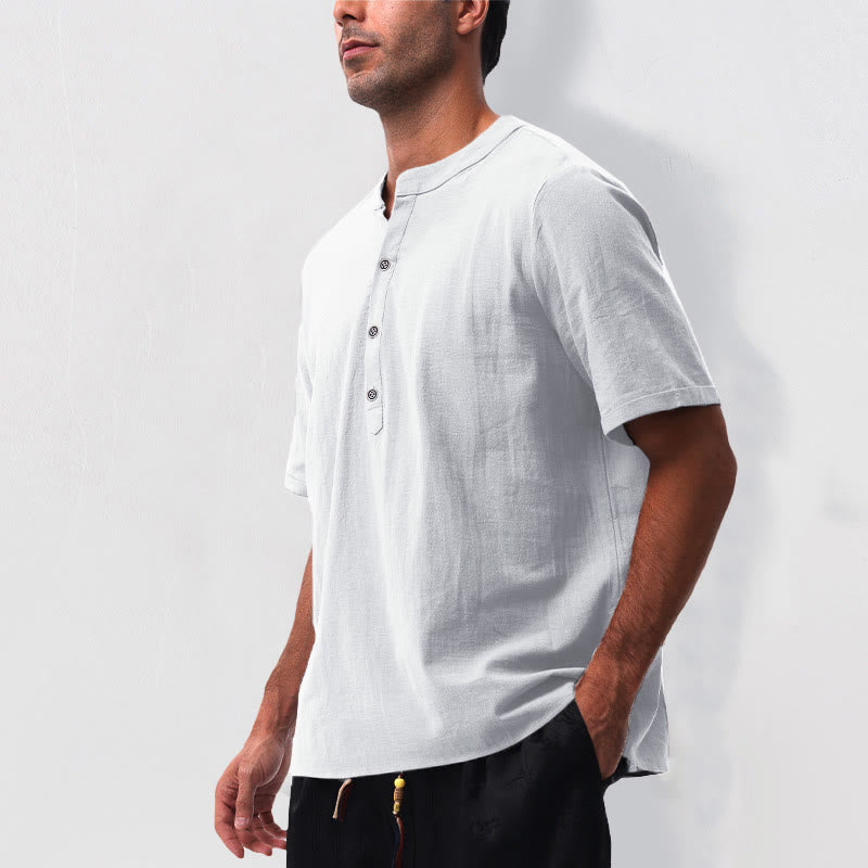 Buddha Stones Camicia da uomo estiva casual a maniche corte con colletto alla coreana e mezze bottoni, in cotone e lino. - image 23