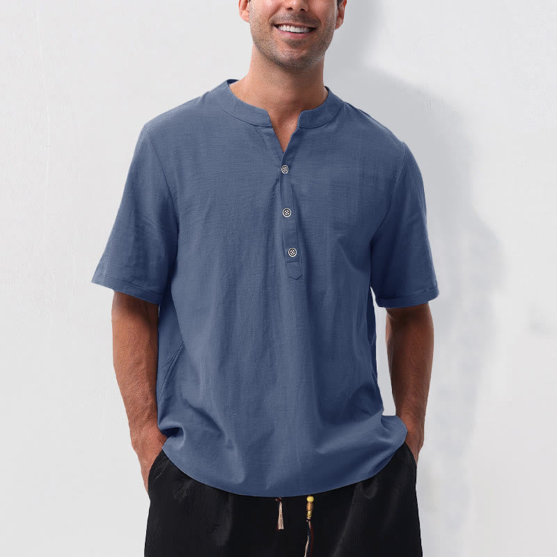 Buddha Stones Camicia da uomo estiva casual a maniche corte con colletto alla coreana e mezze bottoni, in cotone e lino. - SteelBlue - US/UK/AU50, EU60 (5XL) - image 16