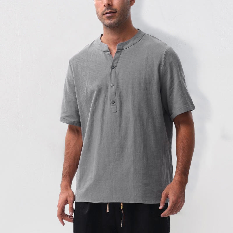 Buddha Stones Camicia da uomo estiva casual a maniche corte con colletto alla coreana e mezze bottoni, in cotone e lino. - image 6