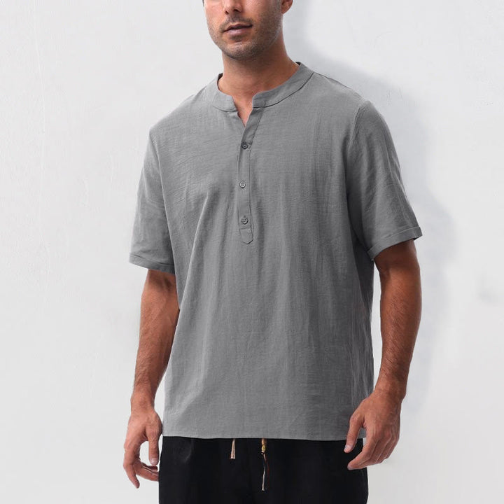 Buddha Stones Camicia da uomo estiva casual a maniche corte con colletto alla coreana e mezze bottoni, in cotone e lino. - image 6