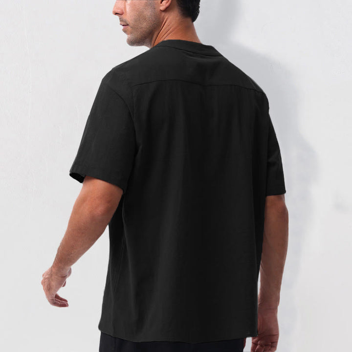 Buddha Stones Camicia da uomo estiva casual a maniche corte con colletto alla coreana e mezze bottoni, in cotone e lino. - image 15